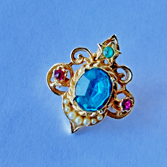 Coro signed vintage aqua blue rhinestone & faux pearl brooch pin goldtone 1" - Picture 13 of 13
